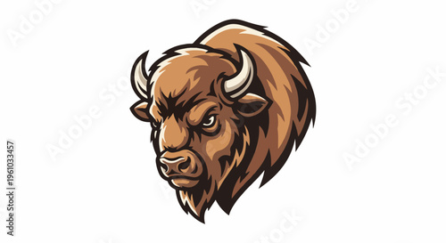 Fierce brown bison head mascot with sharp horns and determined gaze