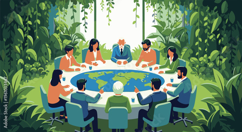 Diverse group collaborates around a table depicting the Earth, surrounded by lush greenery