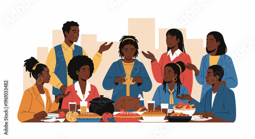 Diverse group enjoys a festive meal together, sharing food and conversation