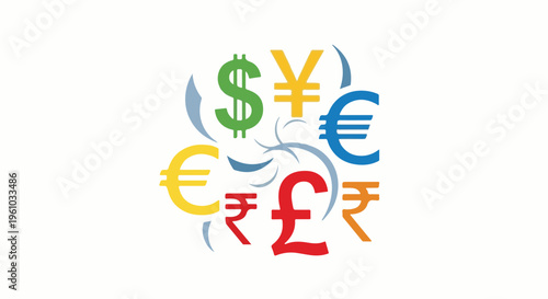 Diverse global currency symbols artfully arranged with decorative swirls