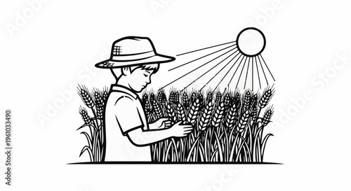 Farmer examines wheat field under bright sun rays