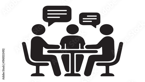 Group of business people sitting at a round table for a meeting and brainstorming session icon.