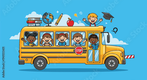 Diverse children happily ride a yellow school bus with books, globe, and graduation cap