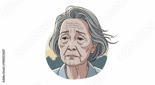 Expressive portrait of a pensive elderly woman with gray hair blowing in wind