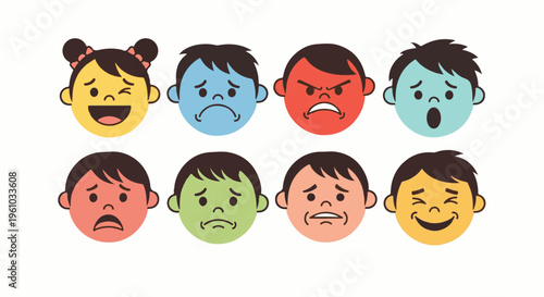 Diverse cartoon faces express a range of childhood emotions in bright colors
