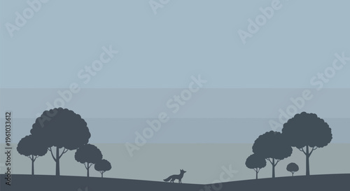 Minimalist landscape with silhouetted trees and a lone animal on a hill against a serene sky