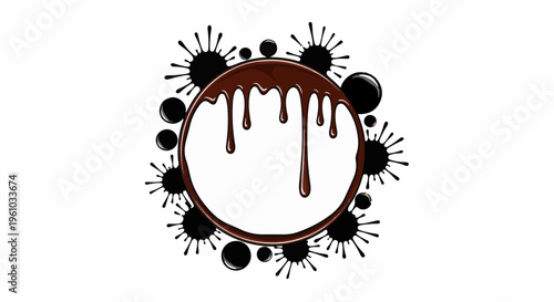 Dripping chocolate and ink splatters form a decorative circular frame
