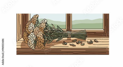 Dried wildflowers on a rustic windowsill with a green landscape view