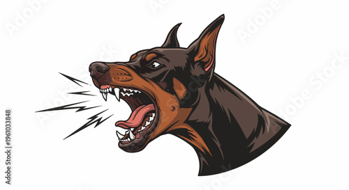 Fierce dog barks with sharp teeth and tongue visible