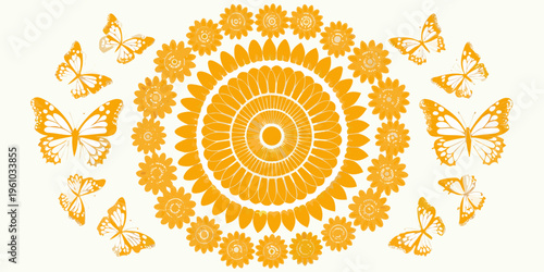 Orange sunflower mandala with fluttering butterflies on a white background