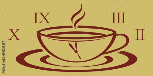 A stylized illustration of a coffee cup with roman numeral time markers