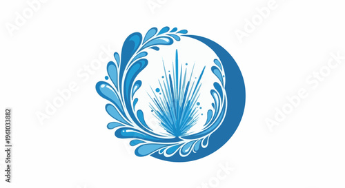 Dynamic blue water splash design within a partial circle frame