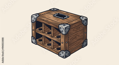 Isometric illustration of a vintage wooden crate for carrying bottles