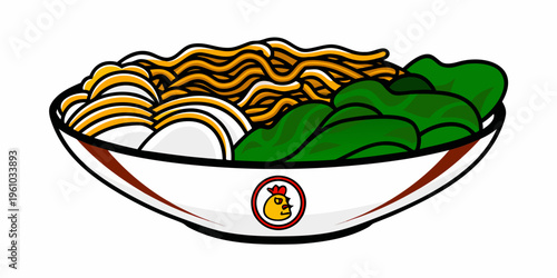 A colorful cartoon illustration of a bowl of ramen noodles with toppings