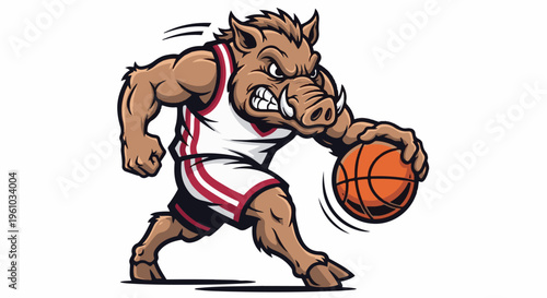 Ferocious wild boar in basketball uniform dribbles an orange ball