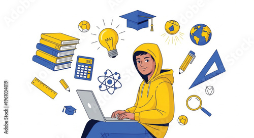 Young male student sitting cross-legged with laptop surrounded by education icons including graduation cap, books, lightbulb, globe, and calculator in colorful flat cartoon style. Online learning.