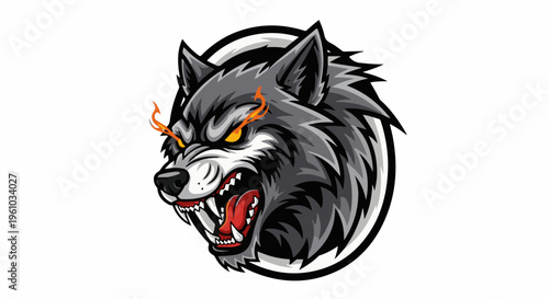 Ferocious wolf with fiery eyes and bared teeth in a circle