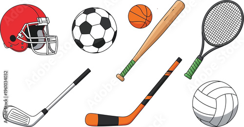 Colorful cartoon illustration of different sports equipment items like a football helmet, soccer ball, and tennis racket