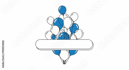 Festive arrangement of blue and white balloons frames a blank label