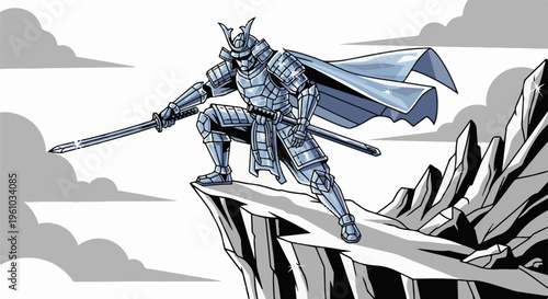 Fierce warrior in gleaming armor stands poised on cliff, sword drawn, cape flowing
