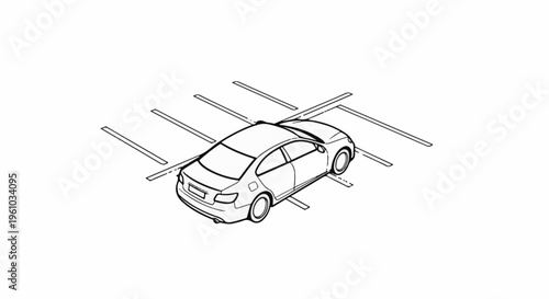 Isometric line drawing of a car within parking or sensor guide lines