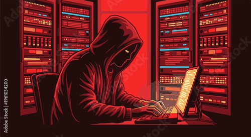 Figure in a hood types on a laptop in a server room with red lighting