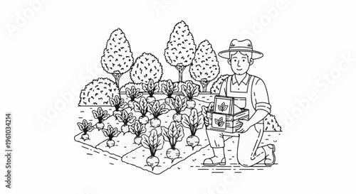 Farmer planting seeds in a vegetable garden with trees and bushes