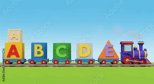 Colorful toy train with alphabet blocks on green grass and blue sky background for kids