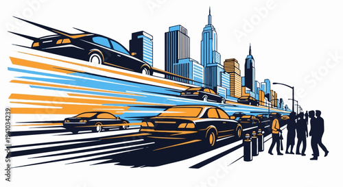 Dynamic city street with speeding cars and pedestrians against a skyscraper backdrop