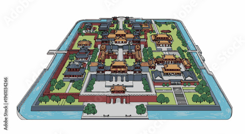 Isometric illustration of a large, ancient walled palace complex with water moat and courtyards