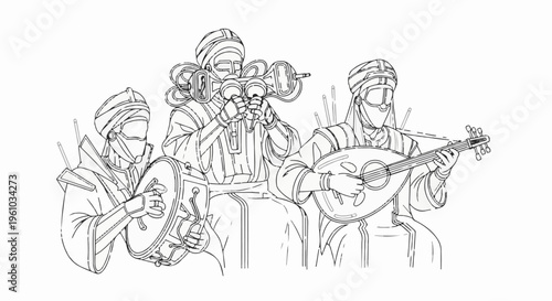 Figures in traditional garb play instruments a drum, a horn, and a lute
