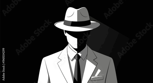 Mysterious man in white suit and hat with briefcase faceless illustration black background business concept secrecy anonymity professional sleek design