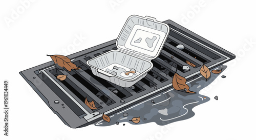 Empty takeout container and fallen leaves on a storm drain grate
