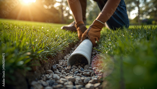 Worker carefully installing corrugated drainage pipe into a gravel trench beside vibrant green grass during sunset lighting