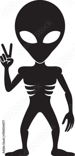 Black alien with large head and eyes making a peace sign white cartoon character