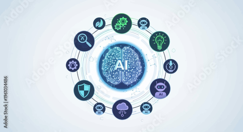 Artificial intelligence brain graphic with circular icons representing technology