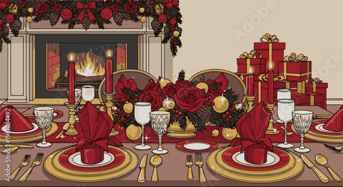 Festive dining table set with opulent red and gold, illuminated by firelight