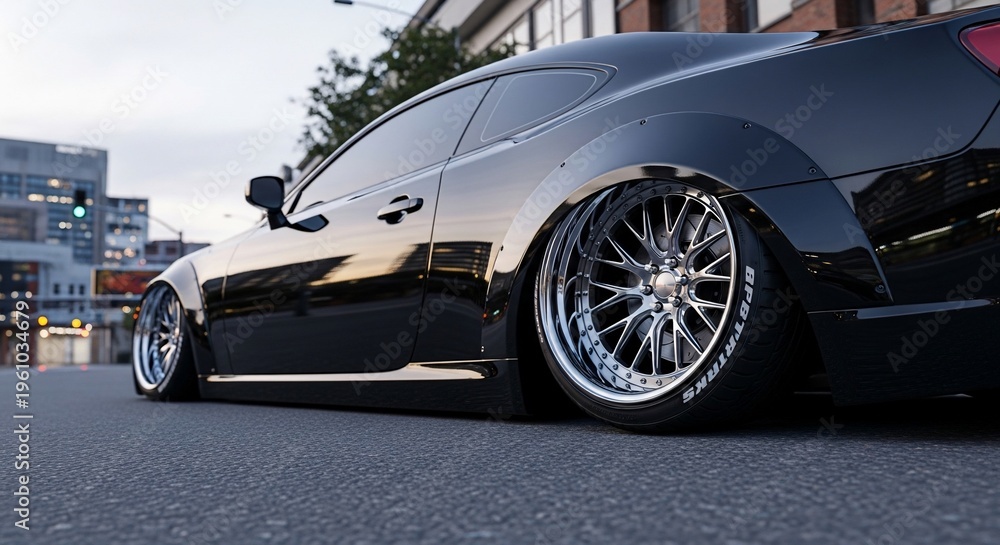 Fototapeta premium Low-angle view of a sleek black customized sports coupe with wide fenders and large chrome wheels parked on an urban street.