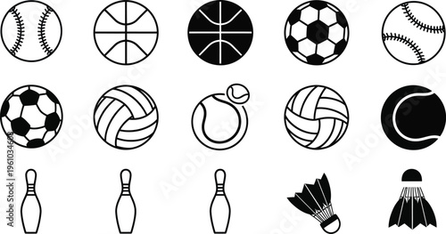 A comprehensive collection of various sports equipment icons, including baseball, basketball, soccer, volleyball, tennis, bowling, and badminton, presented in a minimalist black and white line art sty