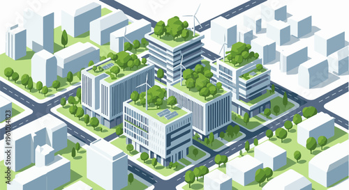 Isometric view of a modern green city with buildings and trees