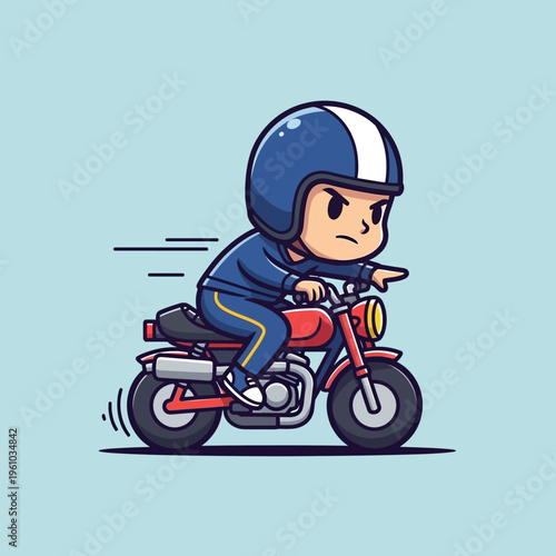 A cartoon character riding a motorcycle fast.