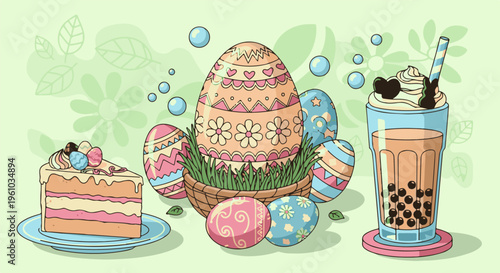 Festive Easter scene with decorated eggs, a slice of cake, and a sweet beverage