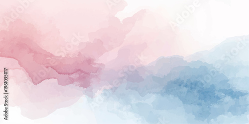 Beautiful bright blue abstract watercolor background featuring fluffy white clouds and sunny summer sky textures for a vintage nature atmosphere.