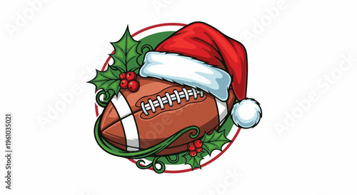Football wearing Santa hat surrounded by holly and berries