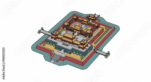 Isometric view of a red and yellow walled palace complex with a moat and bridges