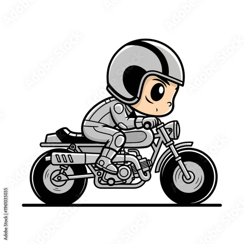 A cartoon character riding motorcycle.