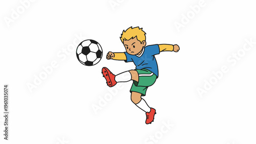 Boy kicking soccer ball cartoon illustration isolated on white