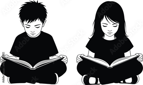 Children reading books illustration, education concept, literacy artwork, kids learning vector, study symbol, concentration theme, school design, knowledge growth