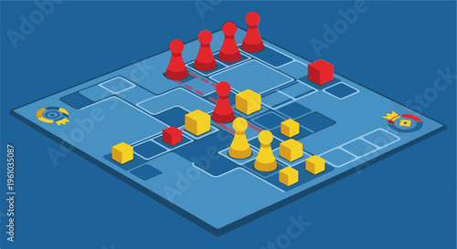 Isometric view of a strategic board game with red and yellow pieces