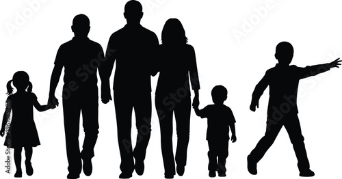 Family silhouette illustration showing unity, parents holding children hands, togetherness concept, parenting values, social services, community support, family bond